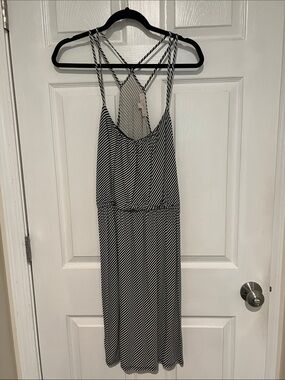 LOFT Black and White Striped Crisscross-Back Midi Dress